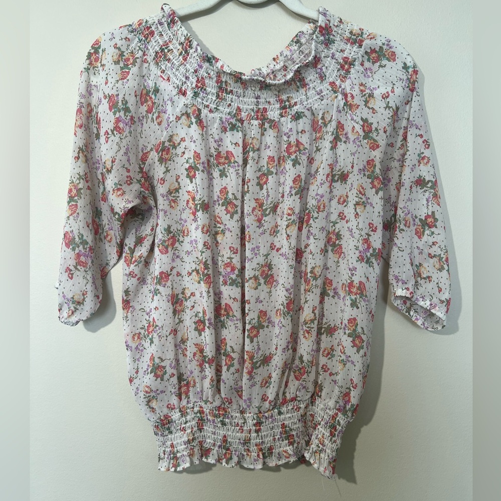 American Rag short sleeve blouse top women‎ S floral gathered elastic layering